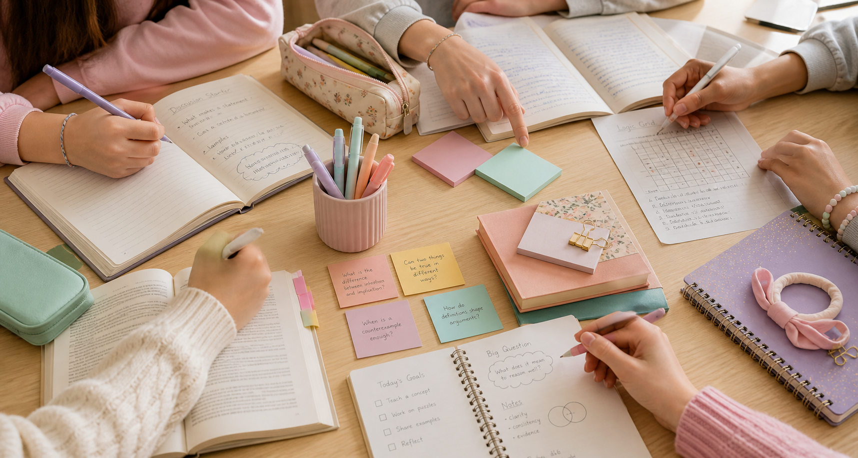 Students' hands around open notebooks, pastel stationery, sticky notes, and logic puzzle materials on a school discussion table.